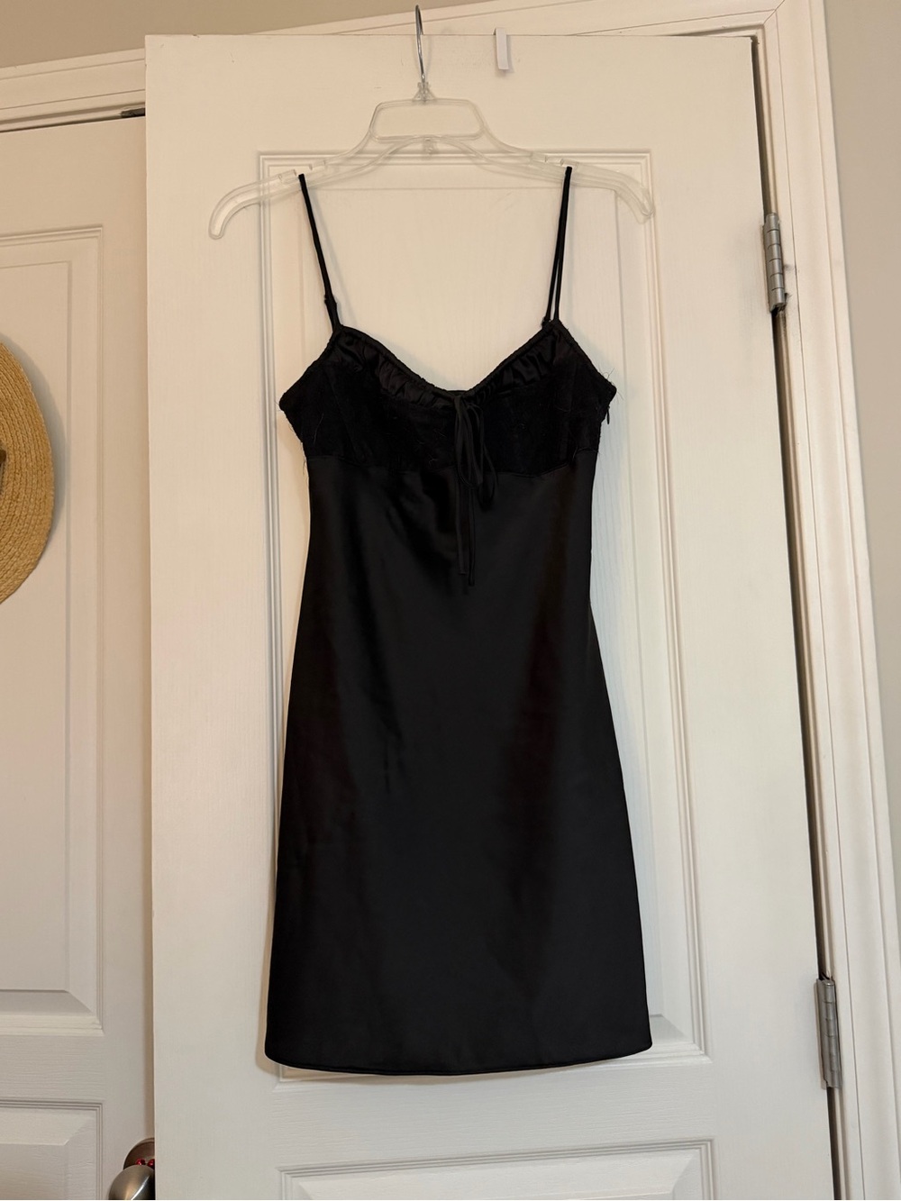 Urban Outfitters black satin and lace mini slip dress with tie detail, size S